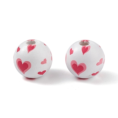 Printed Natural Wood European Beads, Large Hole Bead, Round with Heart Pattern