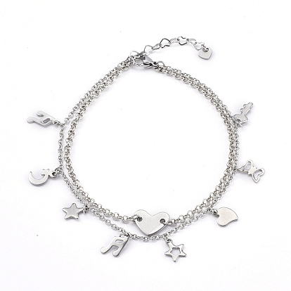 304 Stainless Steel Multi-strand Charm Anklets, with Brass Rolo Chains, Heart