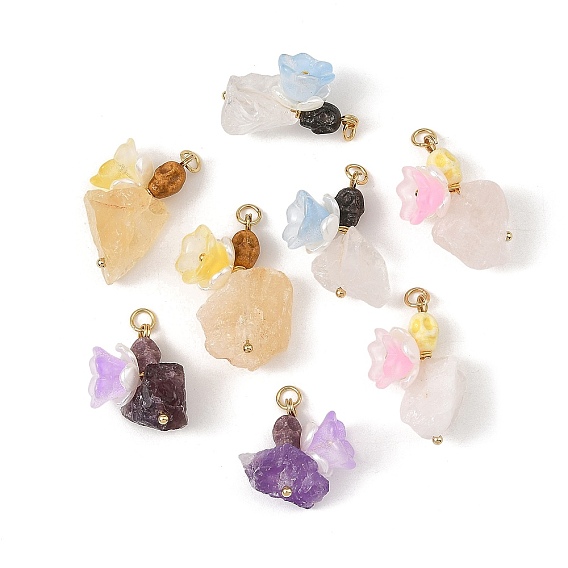 Raw Rough Natural Mixed Stone and Porcelain Pendants, Halloween Skull with Flower Charms, Golden, Mixed Dyed and Undyed