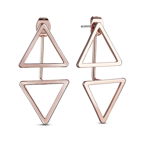 Simple Fashion Real Rose Gold Plated Stud Earrings, with Double Triangles, 32x16mm