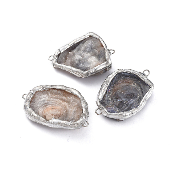 Natural Agate  Links Connectors, with Brass Loop, Nuggets, Edge Silver Color Plated