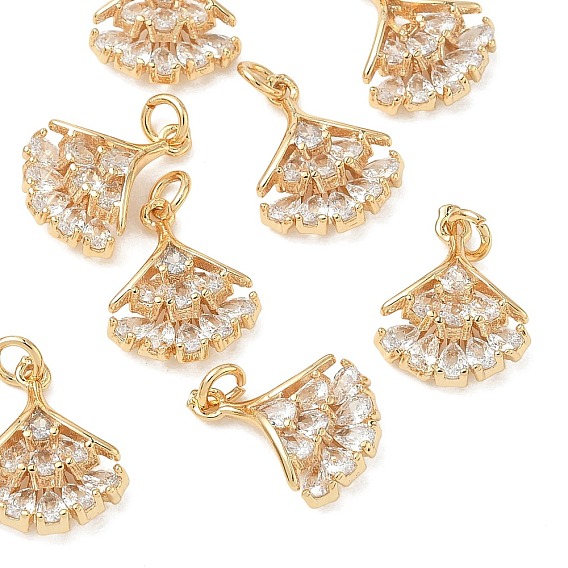SHEGRACE Brass Micro Pave Cubic Zirconia Pendants, Cadmium Free & Nickel Free & Lead Free, Ginkgo Leaf Charms, Clear