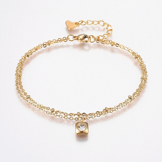 304 трос из нержавеющей стали цепи браслеты, многожильных браслеты, со стразами, застежка когтя омара, квадратный, золотые