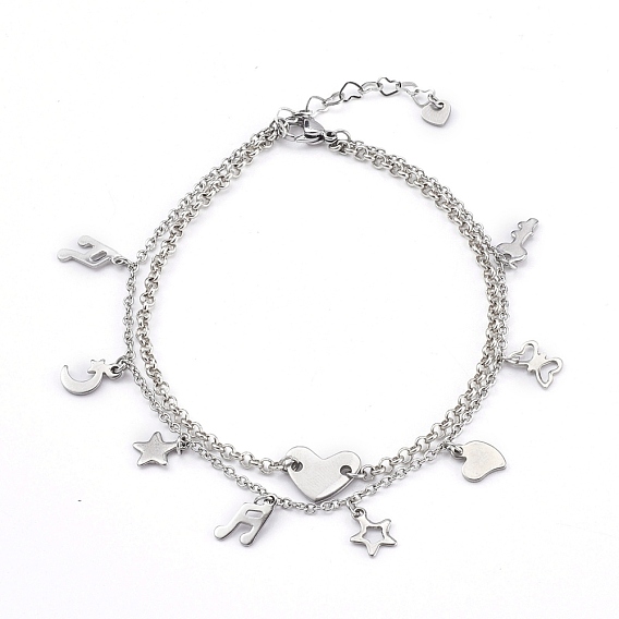 304 Stainless Steel Multi-strand Charm Anklets, with Brass Rolo Chains, Heart