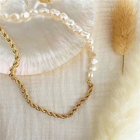 Natural Baroque Pearl Collar Necklace with Twisted Titanium Steel Chain