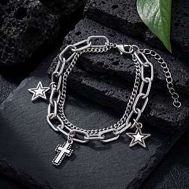 201 Breloque croix et étoile religieuse en acier inoxydable 2 Bracelets à plusieurs rangs pour hommes et femmes, sans ternissement