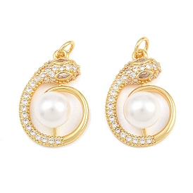 Brass Micro Pave Clear Cubic Zirconia Pendants, with Shell Pearl Beads, Snake Charms, Rack Plating, Long-Lasting Plated, Lead Free & Cadmium Free