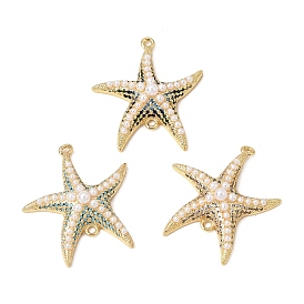 Brass Micro Pave Cubic Zirconia Connector Charms, Starfish Links, with ABS Plastic Imitation Pearl, Rack Plating, Long-Lasting Plated, Cadmium Free & Lead Free, Real 18K Gold  Plated