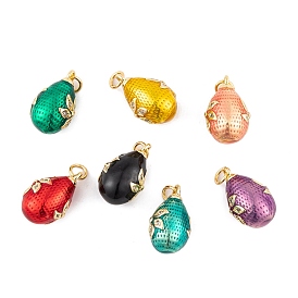 Brass Micro Pave Cubic Zirconia Pendants, with Enamel and Jump Ring, Real 18K Gold Plated, Teardrop with Flower Charms