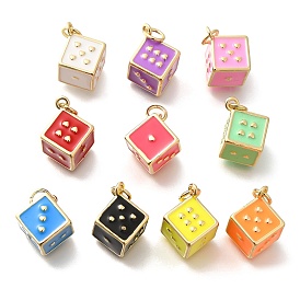 Rack Plating Brass Enamel Pendants, with Jump Ring, Cadmium Free & Lead Free, Long-Lasting Plated, Real 18K Gold Plated, Dice Charm