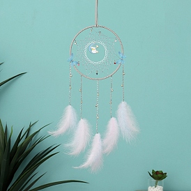 Filet/toile tissé avec anneau de fer avec décoration murale en plumes, avec des perles en tissu et en plastique, pour bureau à domicile amulette d'ornement