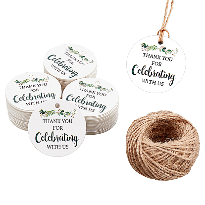200Pcs Paper Greeting Cards, Flat Round with Word THANK YOU FOR Celebrating WITH US, with Jute Cord, Jute String