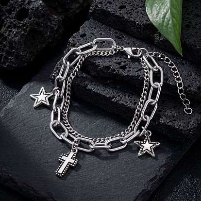 201 Breloque croix et étoile religieuse en acier inoxydable 2 Bracelets à plusieurs rangs pour hommes et femmes, sans ternissement