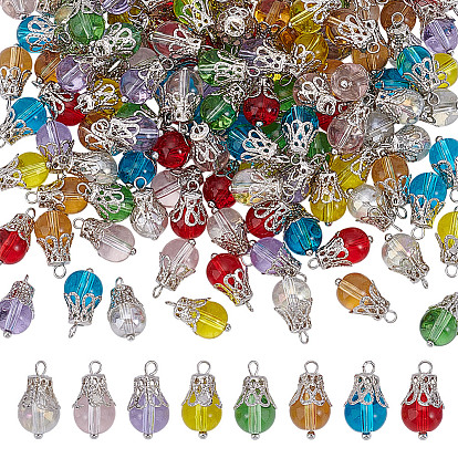 120шт. 8 цвета стеклянные подвески, круглые, с платиновым железным колпачком и латунными штифтами с шарообразными головками