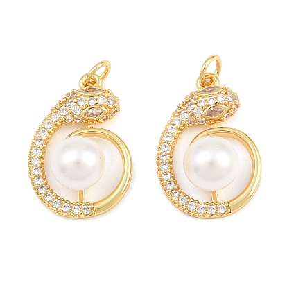 Brass Micro Pave Clear Cubic Zirconia Pendants, with Shell Pearl Beads, Snake Charms, Rack Plating, Long-Lasting Plated, Lead Free & Cadmium Free