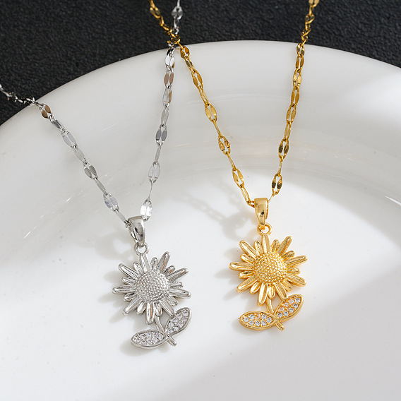 Brass Micro Pave Clear Cubic Zirconia Sunflower Pendant 201 Stainless Steel Dapped Chain Necklaces for Women, Ion Plating(IP)
