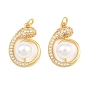 Brass Micro Pave Clear Cubic Zirconia Pendants, with Shell Pearl Beads, Snake Charms, Rack Plating, Long-Lasting Plated, Lead Free & Cadmium Free