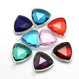 Silver Color Plated Brass Glass Triangle Pendants, 22x19x6mm, Hole: 2mm