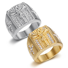 Крест с изображением Иисуса 304 мужские перстни из нержавеющей стали с кристаллами и стразами