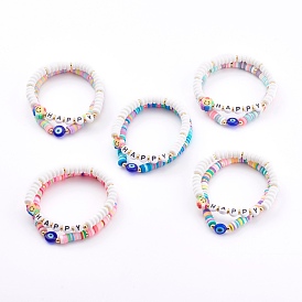 Heishi-Perlen-Stretch-Armbänder aus Polymerton, stapelbare Armbänder, mit Buchstaben-Acrylperlen und bösen Blick-Lampwork-Perlen, Wort glücklich