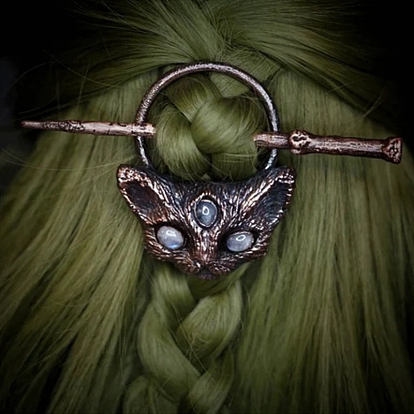 Tibetan Style Alloy Lady Hair Forks, with Moonstone, Cat Shape