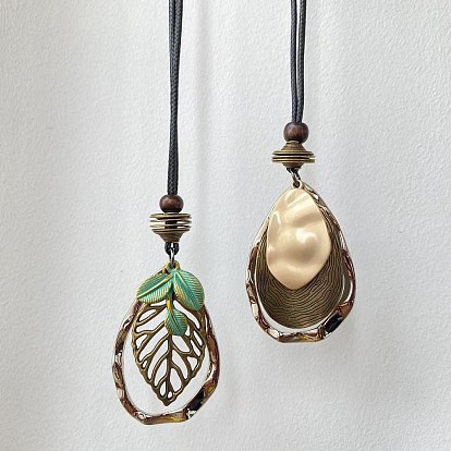 Регулируемый сплав каплевидный/листовой кулон длинные ожерелья из вощеного шнура, для подходящей одежды, античная бронза