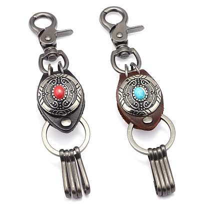 Leather Keychain, with Alloy Twister Clasps and Iron Key Ring, Synthetic Turquoise