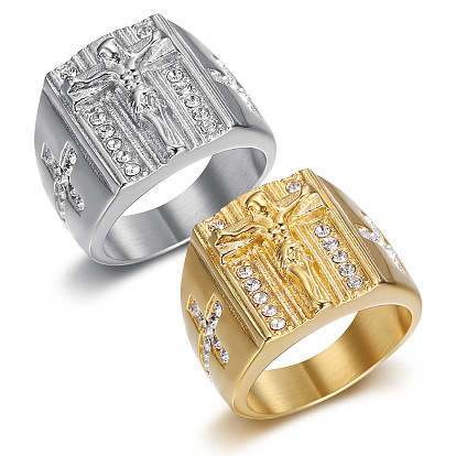 Крест с изображением Иисуса 304 мужские перстни из нержавеющей стали с кристаллами и стразами