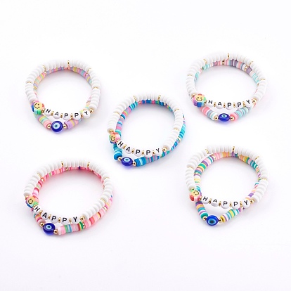 Heishi-Perlen-Stretch-Armbänder aus Polymerton, stapelbare Armbänder, mit Buchstaben-Acrylperlen und bösen Blick-Lampwork-Perlen, Wort glücklich