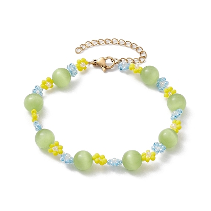 Cat Eye Round Beaded Bracelets, Flower Glass Seed Beads Bracelets for Women