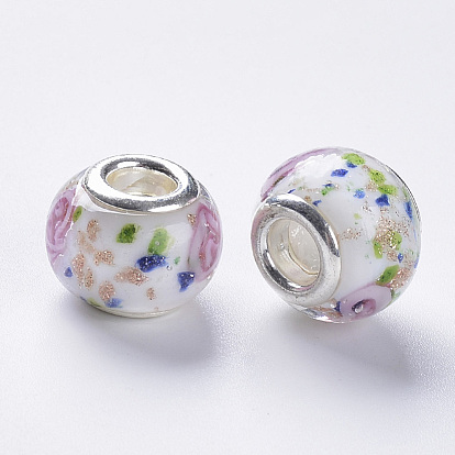 Handmade Gold Sand Lampwork European Beads, Large Hole Beads, with Platinum Color Brass Double Cores, Rondelle
