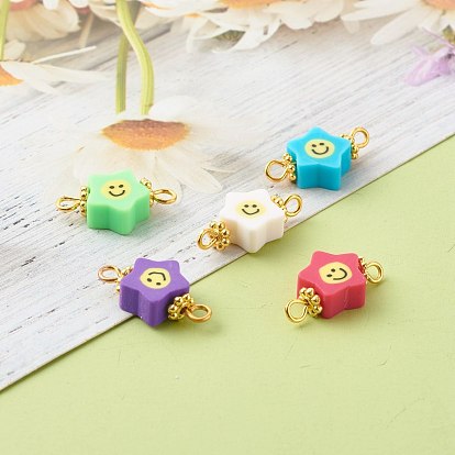 Handmade Polymer Clay Star Smiling Face Link, with Golden Iron Eye Pin and Alloy Daisy Spacer Beads