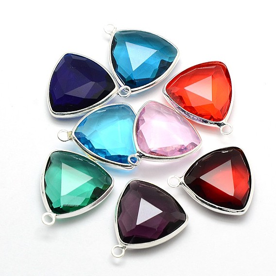 Silver Color Plated Brass Glass Triangle Pendants, 22x19x6mm, Hole: 2mm