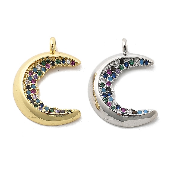 Латунные микро-паве красочные кубические циркониевые подвески, луна, стойки покрытие, долговечный, без свинца и без кадмия