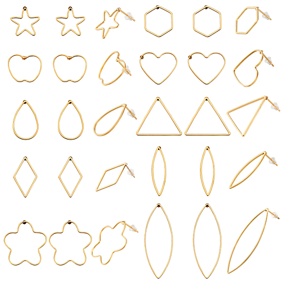 40шт 10 стили латунные полые геометрические серьги-гвоздики, 40 гайки ушные пластиковые, капля, треугольник, шестиугольник, ромб, звезда и цветок