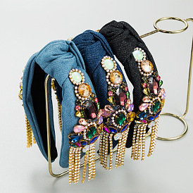 Vintage Boho Headband with Colorful Rhinestones and Tassels for Women
