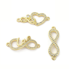 Rack Plating Brass Micro Pave Clear Cubic Zirconia Infinity Connector Charms, Long-Lasting Plated, Cadmium Free & Lead Free
