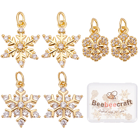 12Pcs 3 Style Brass Micro Pave Clear Cubic Zirconia Pendants, Snowflake