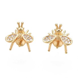 Brass Micro Pave Cubic Zirconia Stud Earring Findings, with 925 Sterling Silver Pins, for Half Drilled Bead, Nickel Free, Mosquito Shape, Real 18K Gold Plated