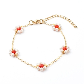 Shell Pearl & Acrylic Beads Flower Link Bracelets, with Brass Cable Chains, Golden