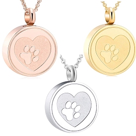 Stainless Steel Flat Round with Paw Print Urn Ashes Pendant Necklace, Memorial Jewelry for Women