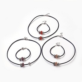 Piel de vacuno sistemas de la joyería cordón, collares y pulseras, Con abalorios europeos de strass y cierres de aleación de estilo europeo., Rondana plana