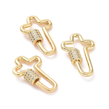 Brass Micro Pave Clear Cubic Zirconia Keychain Clasps, Locking Carabiner Clasps, Golden, Cross/Oval/Hamsa Hand Pattern