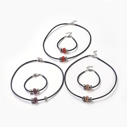 Piel de vacuno sistemas de la joyería cordón, collares y pulseras, Con abalorios europeos de strass y cierres de aleación de estilo europeo., Rondana plana