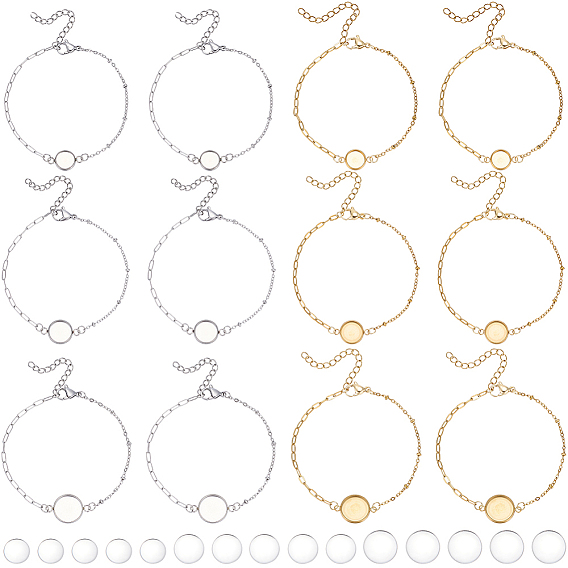 12Pcs 6 Styles 304 Stainless Steel Paperclip Chain Satellite Chain Bracelet Making, with Flat Round 304 Stainless Steel Cabochon Settings, with 12Pcs 3 Styles Transparent Glass Cabochons