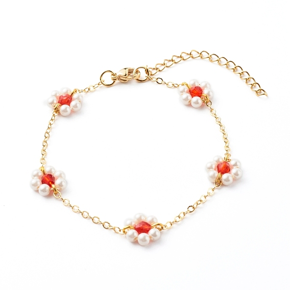 Shell Pearl & Acrylic Beads Flower Link Bracelets, with Brass Cable Chains, Golden