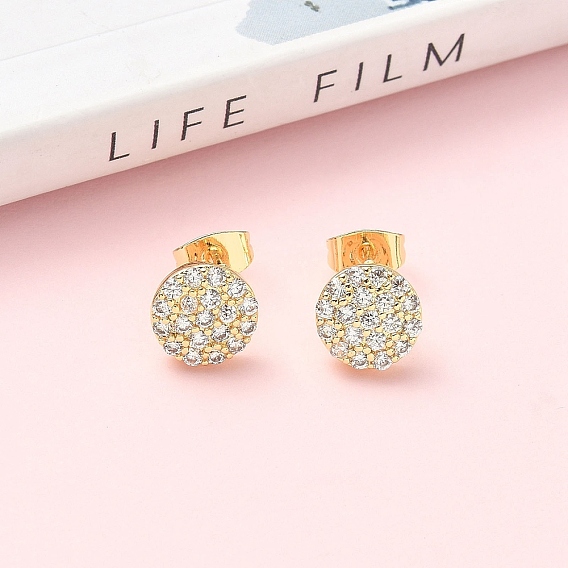 Круглые серьги-гвоздики из латуни с микропаве из прозрачных кубических цирконий, стойки покрытие, без кадмия и без свинца