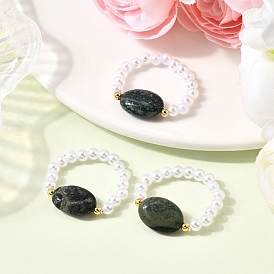 Кольца-растяжки из натуральной яшмы камбаба для женщин, овальные, с абс пластмассовой имитационной жемчужиной