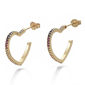Brass Micro Pave Colorful Cubic Zirconia Stud Earrings, with Earring Backs, Heart, Real 16K Gold Plated