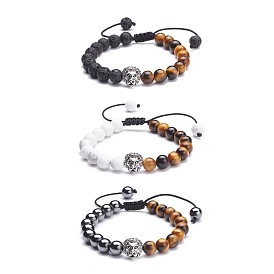 Natural Tiger Eye & Lava Rock & Synthetic Hematite & Howlite Round Beads Energy Power Bracelets, Lion Braided Bead Bracelets Set for Men Women